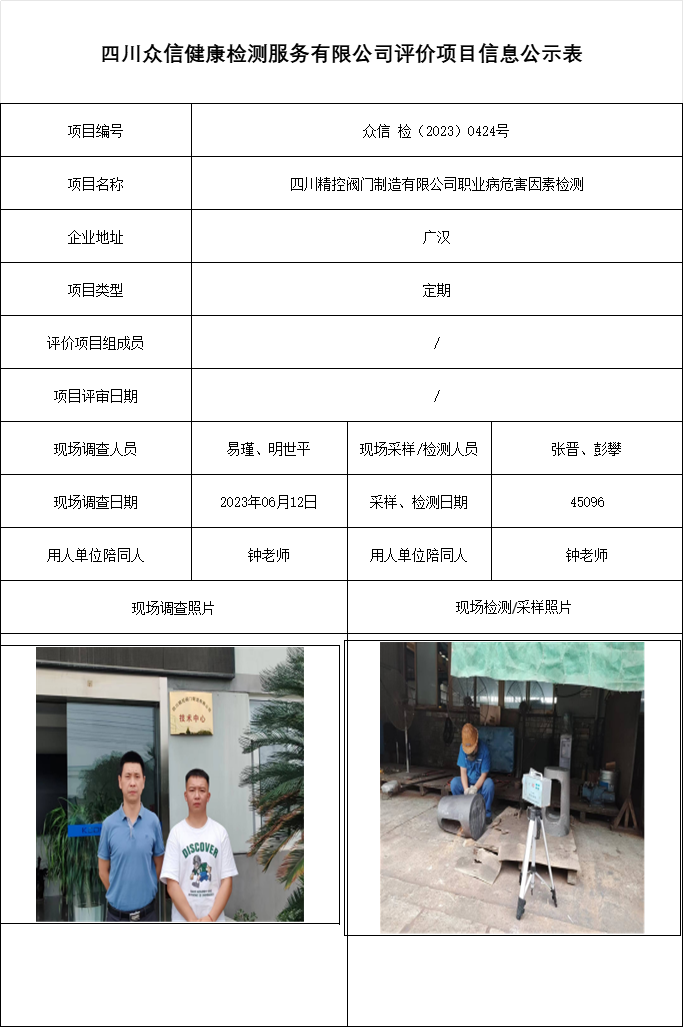四川精控阀门制造有限公司职业病危害因素检测