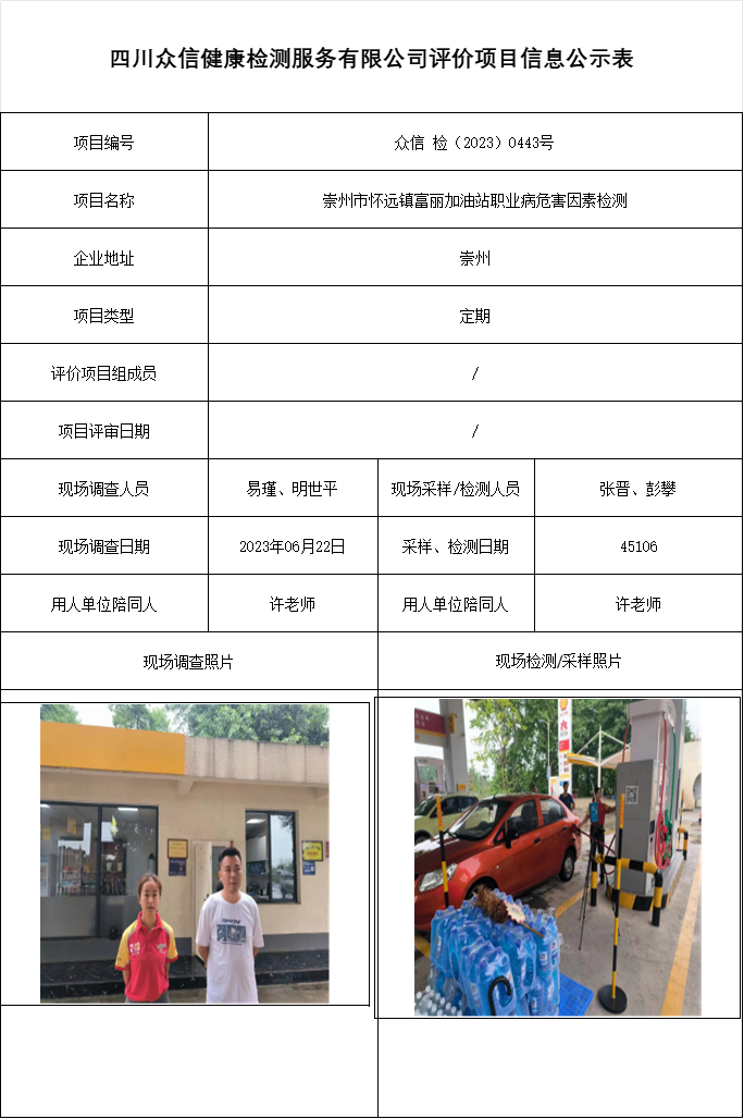 崇州市怀远镇富丽加油站职业病危害因素检测