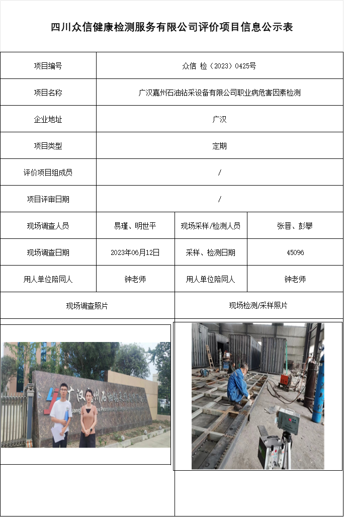 广汉嘉州石油钻采设备有限公司职业病危害因素检测