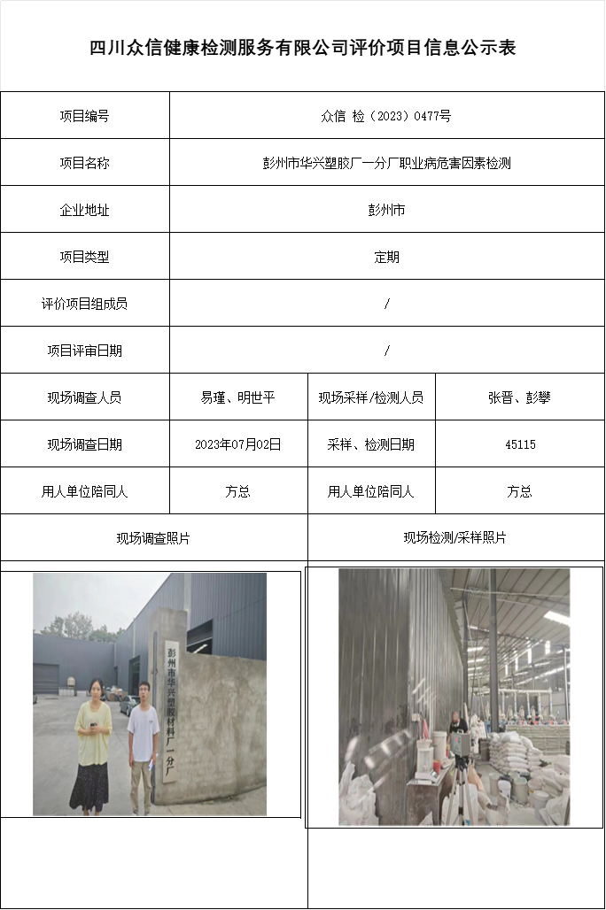 彭州市华兴塑胶厂一分厂职业病危害因素检测