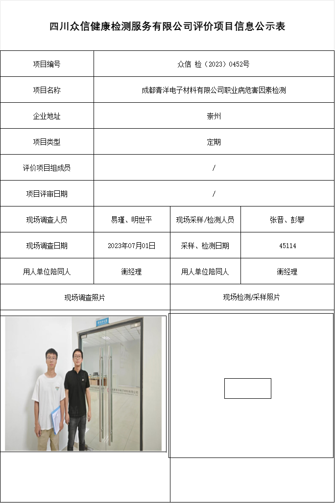 成都青洋电子材料有限公司职业病危害因素检测