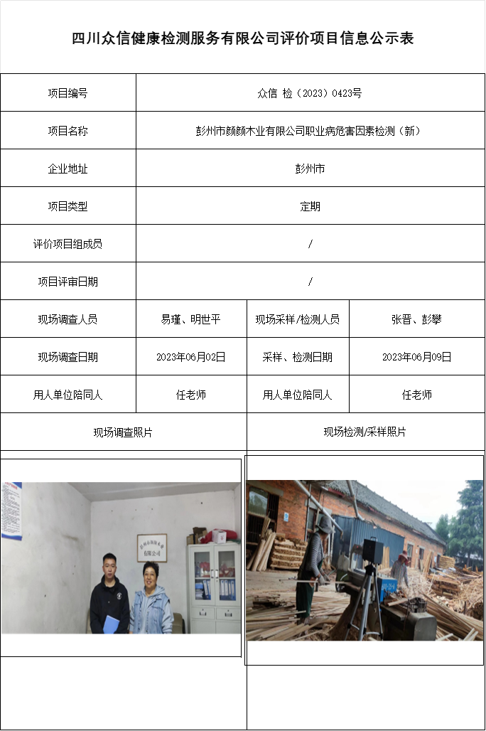 彭州市颜颜木业有限公司职业病危害因素检测（新）