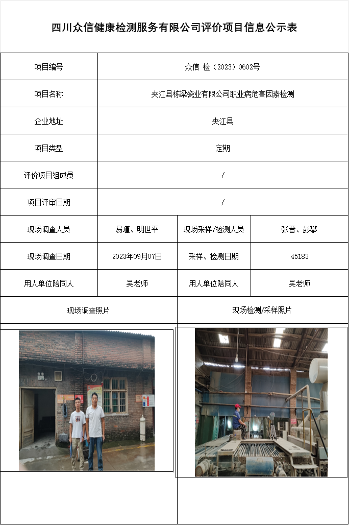 夹江县栋梁瓷业有限公司职业病危害因素检测