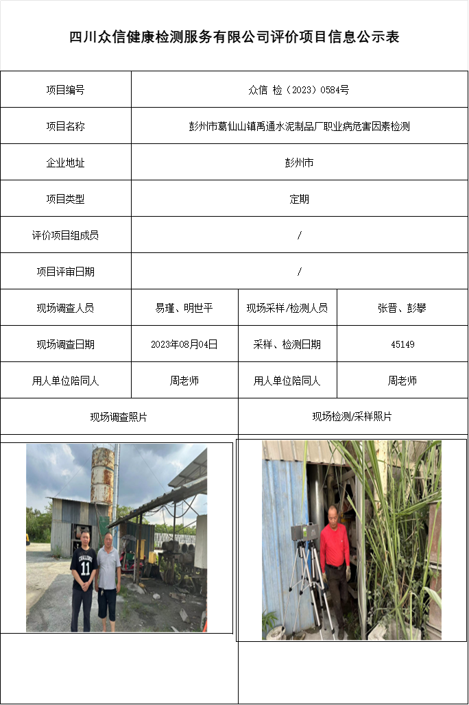 彭州市葛仙山镇禹通水泥制品厂职业病危害因素检测