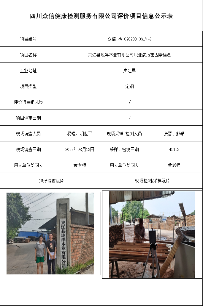 夹江县地洋木业有限公司职业病危害因素检测