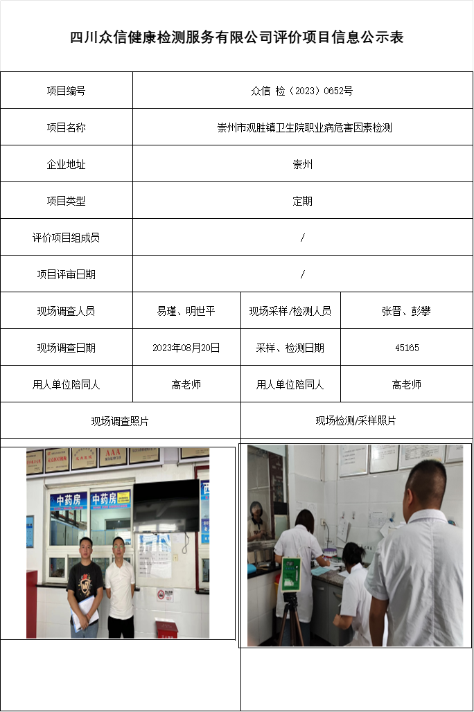  崇州市观胜镇卫生院职业病危害因素检测