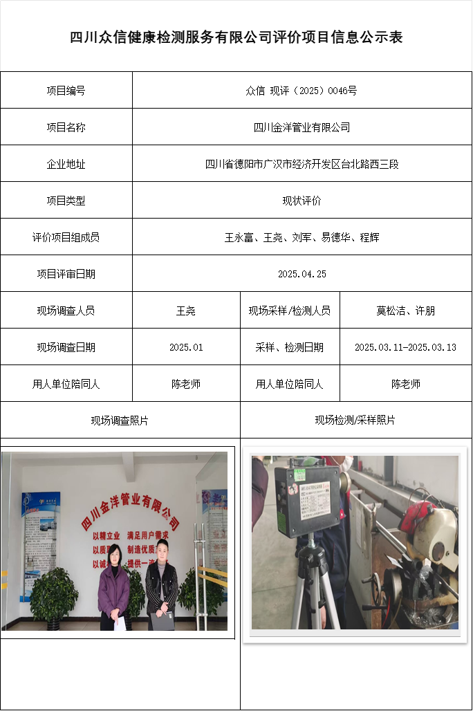 四川金洋管业有限公司现状评价