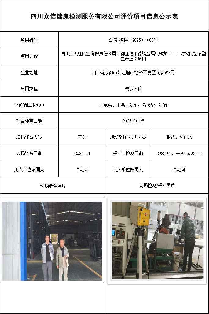 四川天天红门业有限责任公司（都江堰市德福金属机械加工厂）防火门窗喷塑生产建设项目