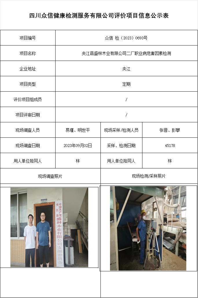 夹江县盛林木业有限公司二厂职业病危害因素检测