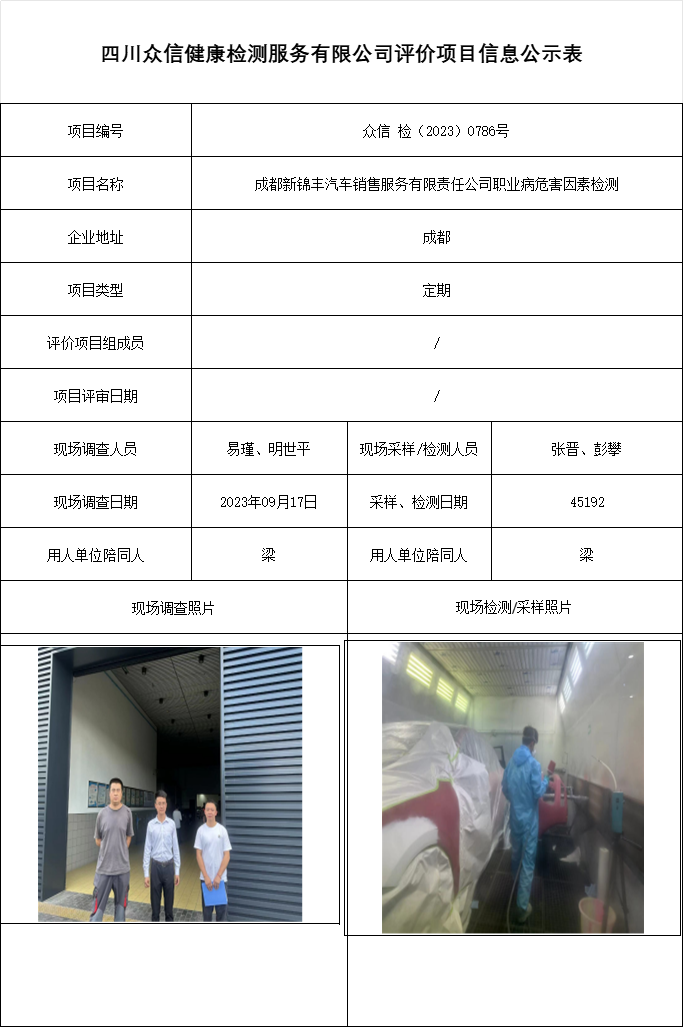成都新锦丰汽车销售服务有限责任公司职业病危害因素检测