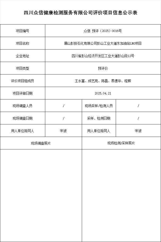 眉山彭投石化有限公司彭山工业大道东加油站LNG项目预评价