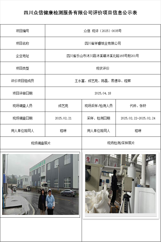 四川省祥睿纸业有限公司现状评价