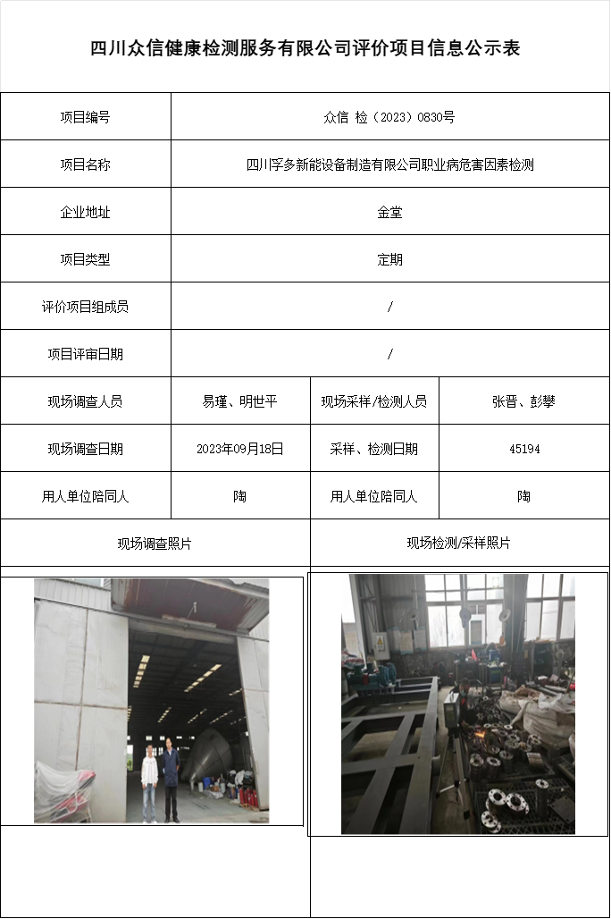 四川孚多新能设备制造有限公司职业病危害因素检测