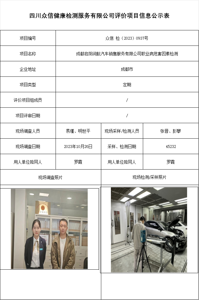 成都启阳润航汽车销售服务有限公司职业病危害因素检测