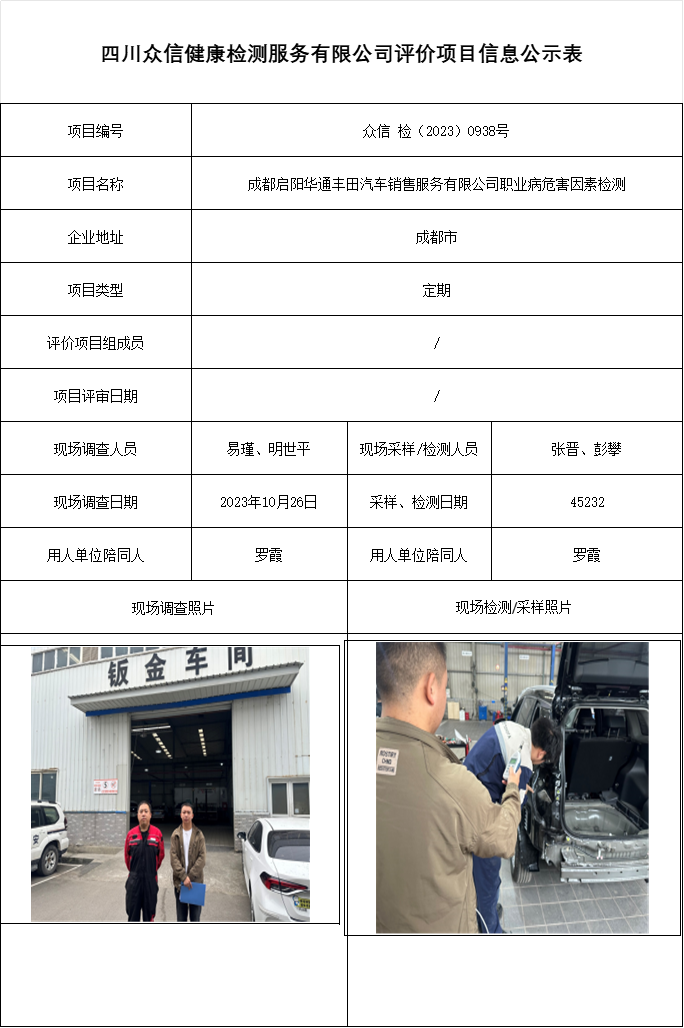 成都启阳华通丰田汽车销售服务有限公司职业病危害因素检测