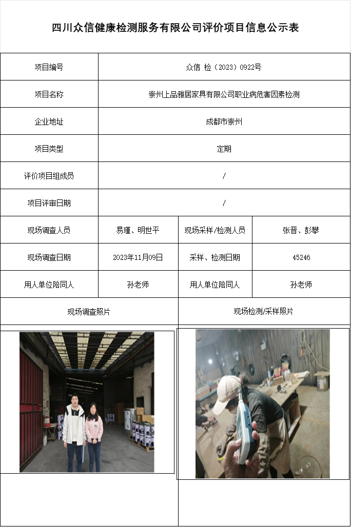 崇州上品雅居家具有限公司职业病危害因素检测