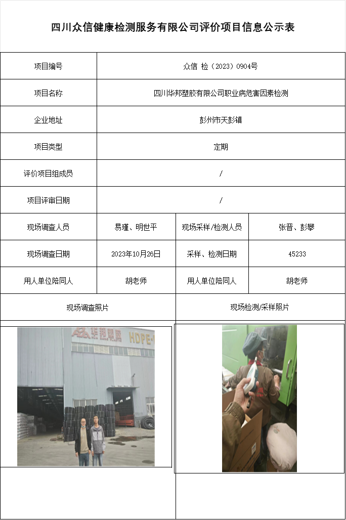 四川华邦塑胶有限公司职业病危害因素检测