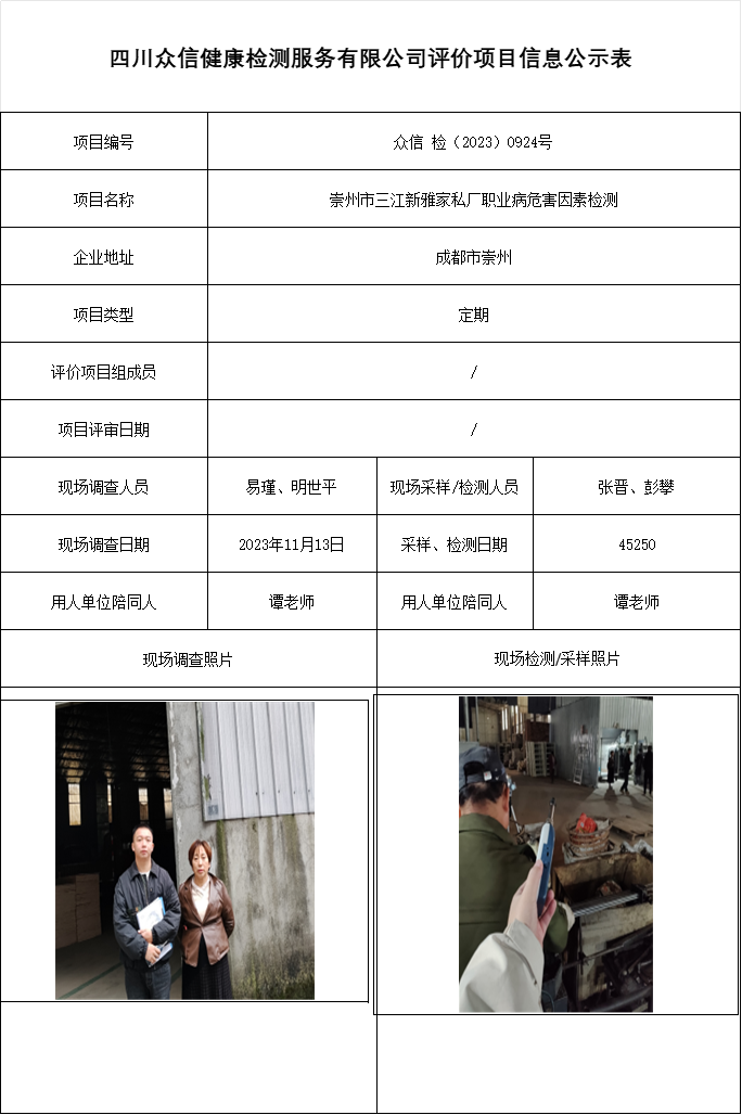 崇州市三江新雅家私厂职业病危害因素检测