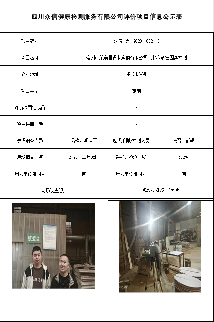 崇州市荣鑫居得利家俱有限公司职业病危害因素检测