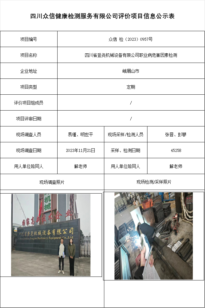 四川省登尧机械设备有限公司职业病危害因素检测