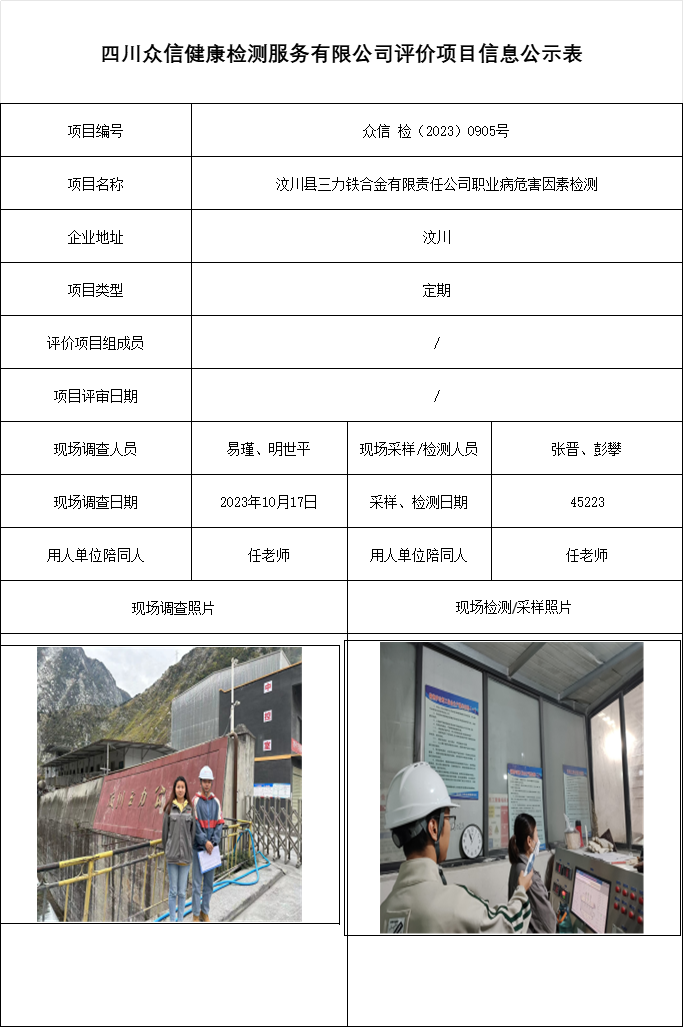 汶川县三力铁合金有限责任公司职业病危害因素检测