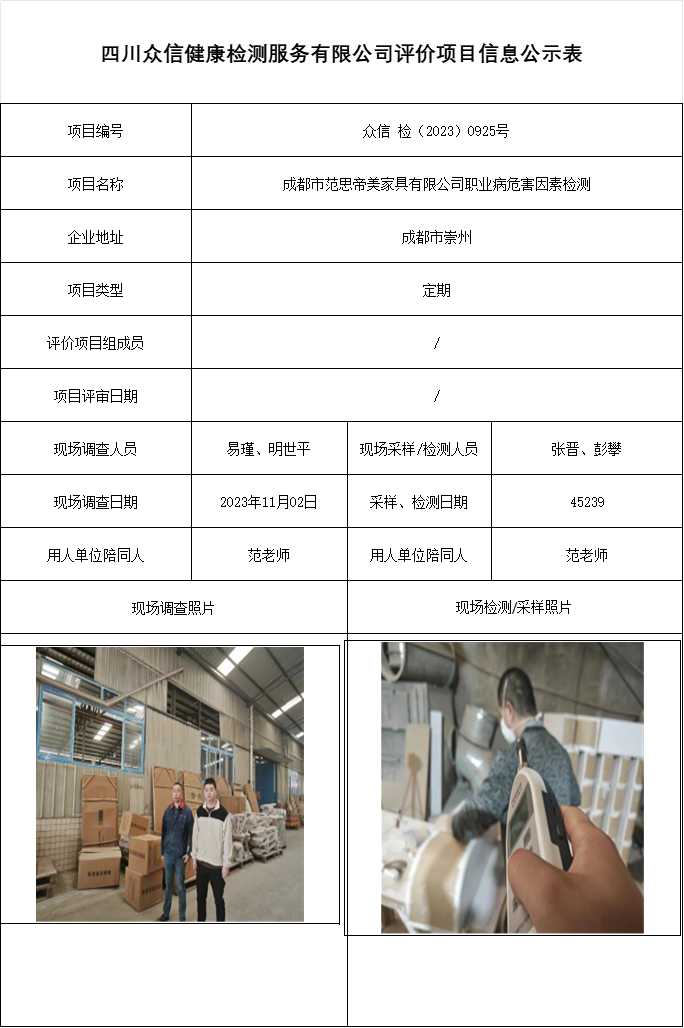成都市范思帝美家具有限公司职业病危害因素检测