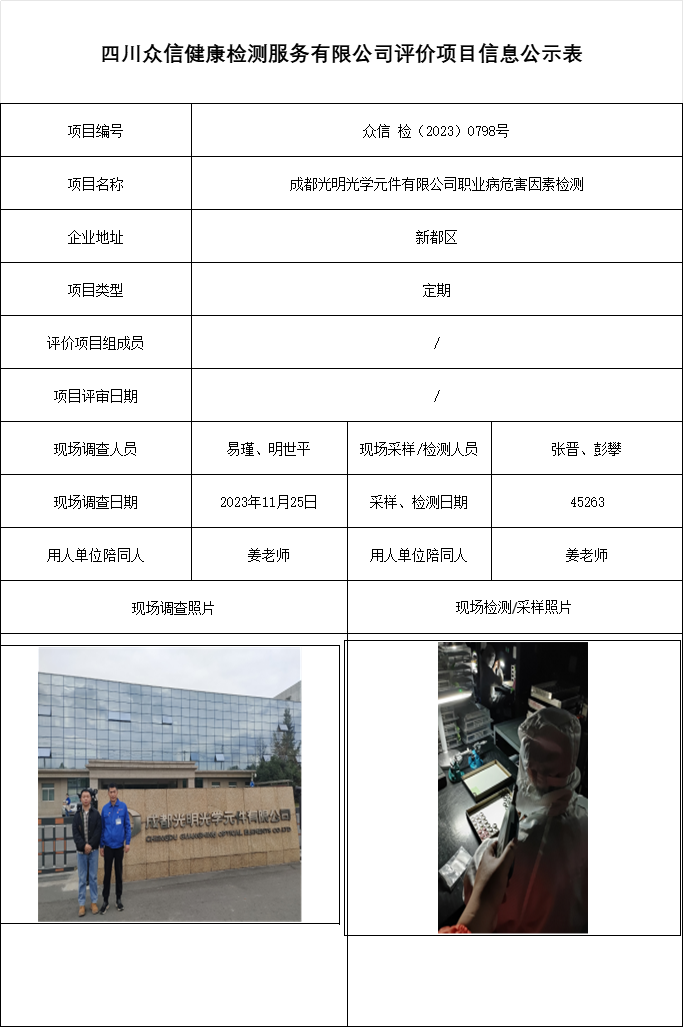 成都光明光学元件有限公司职业病危害因素检测
