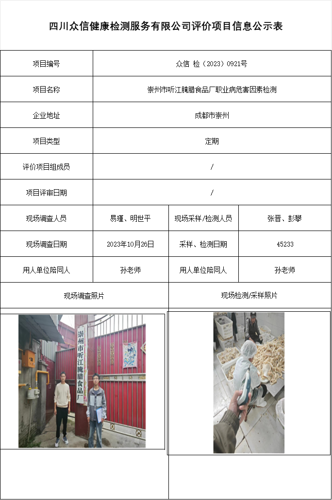 崇州市听江腌腊食品厂职业病危害因素检测