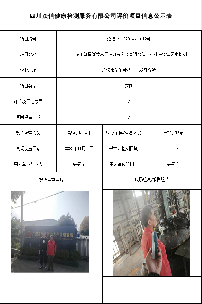 广汉市华星新技术开发研究所（普通合伙）职业病危害因素检测