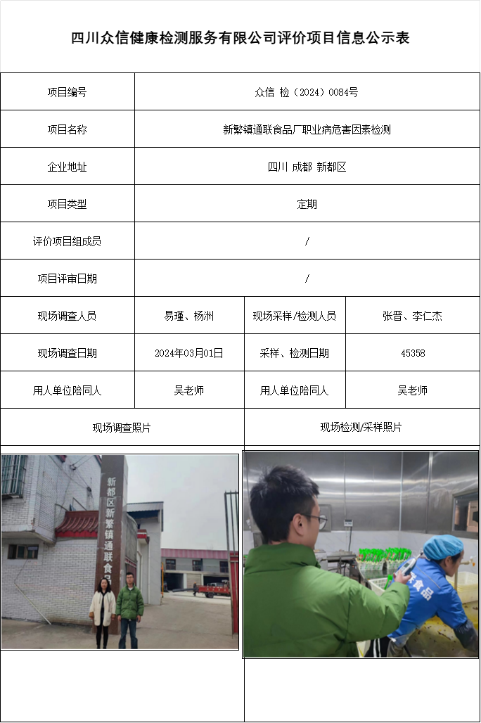 新繁镇通联食品厂职业病危害因素检测