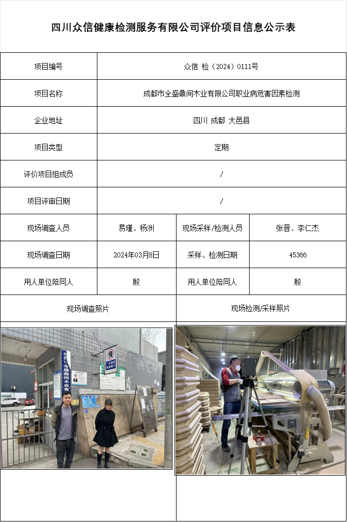 成都市全盛鼎间木业有限公司职业病危害因素检测