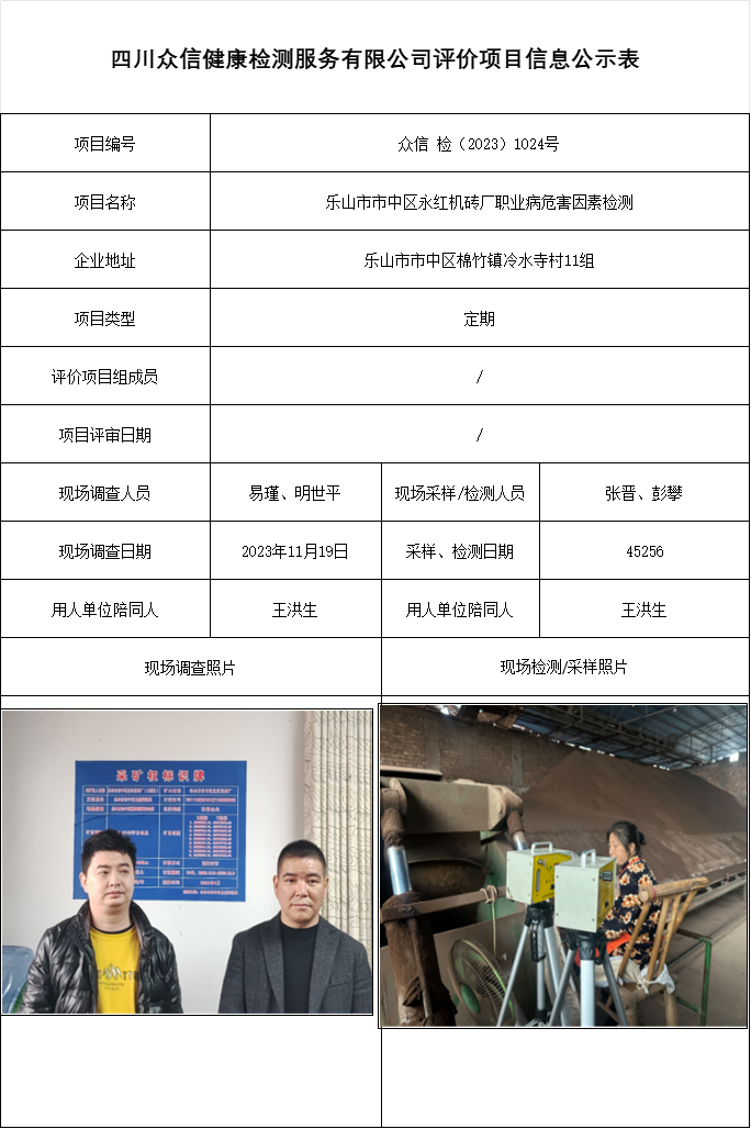 乐山市市中区永红机砖厂职业病危害因素检测