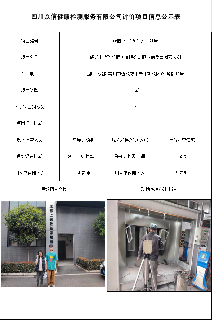 成都上锦致新家居有限公司职业病危害因素检测