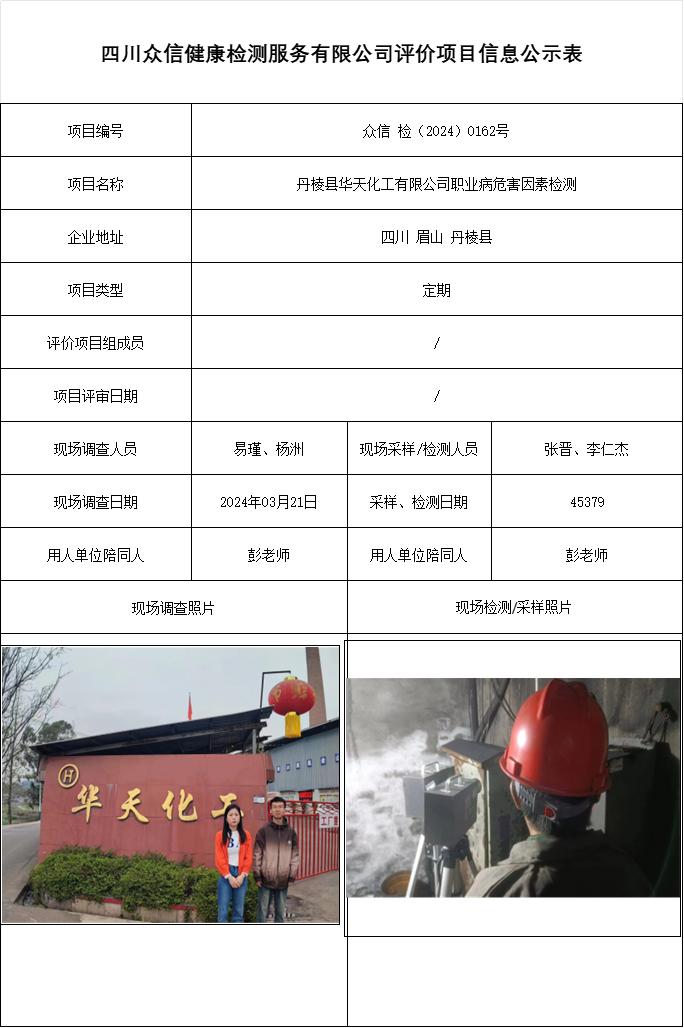 丹棱县华天化工有限公司职业病危害因素检测