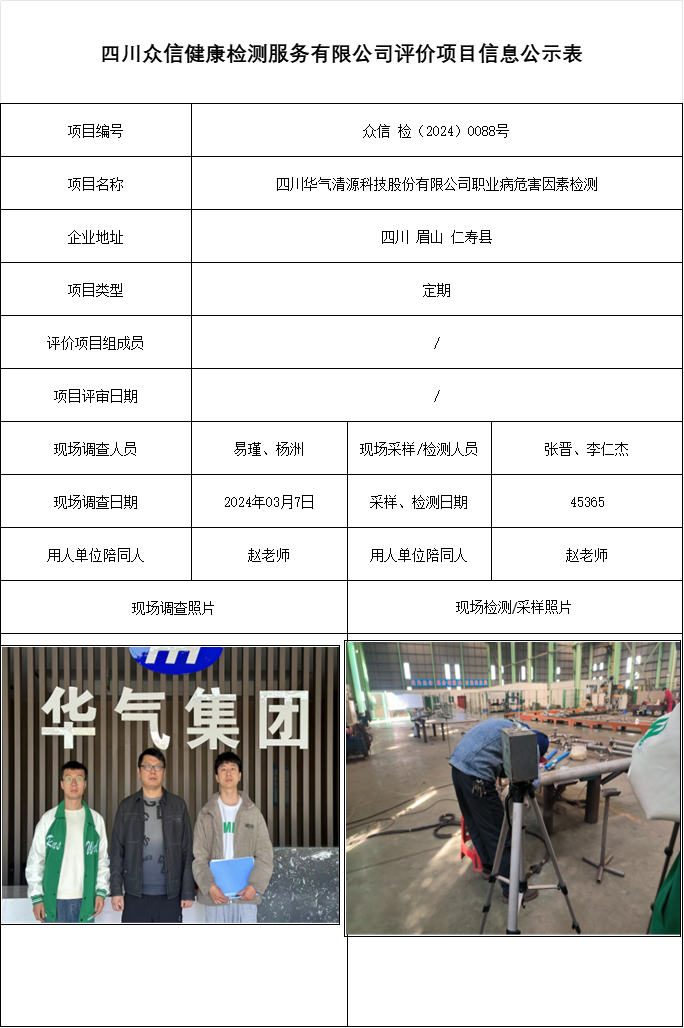 四川华气清源科技股份有限公司职业病危害因素检测