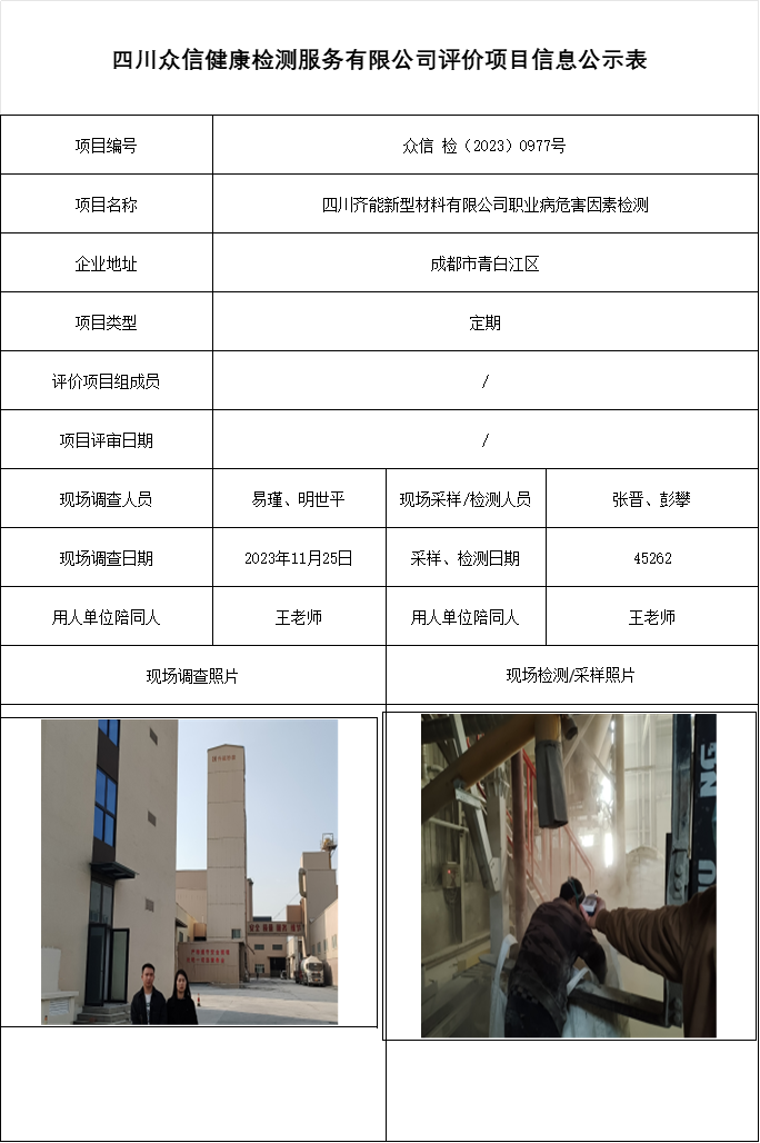 四川齐能新型材料有限公司职业病危害因素检测