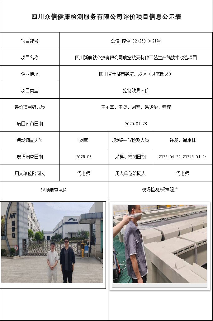 四川新航钛科技有限公司航空航天特种工艺生产线技术改造项目控评