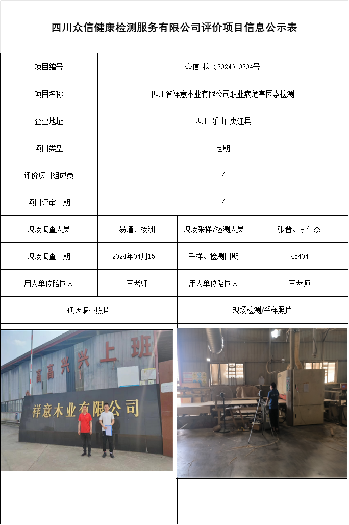 四川省祥意木业有限公司职业病危害因素检测
