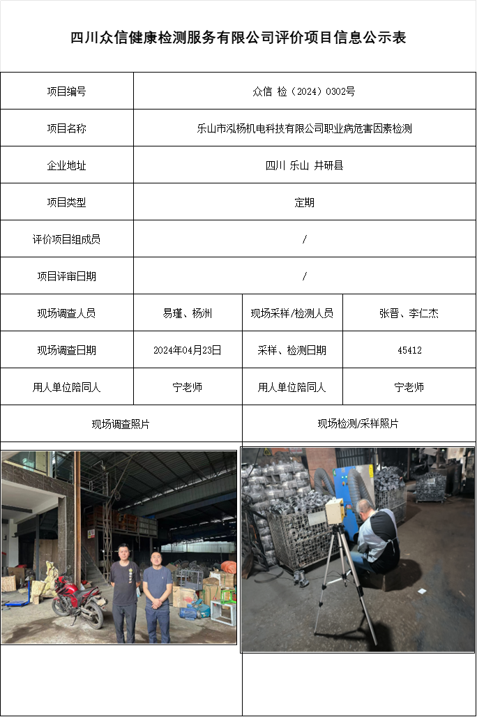 乐山市泓杨机电科技有限公司职业病危害因素检测