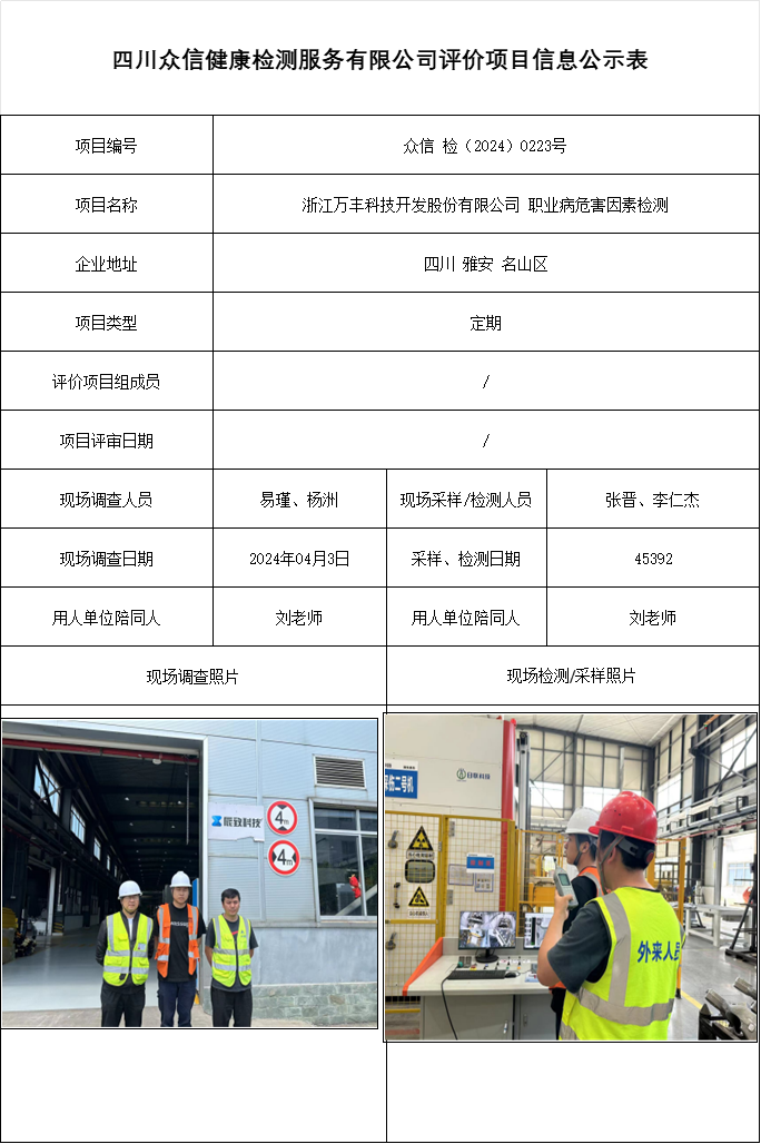 浙江万丰科技开发股份有限公司 职业病危害因素检测