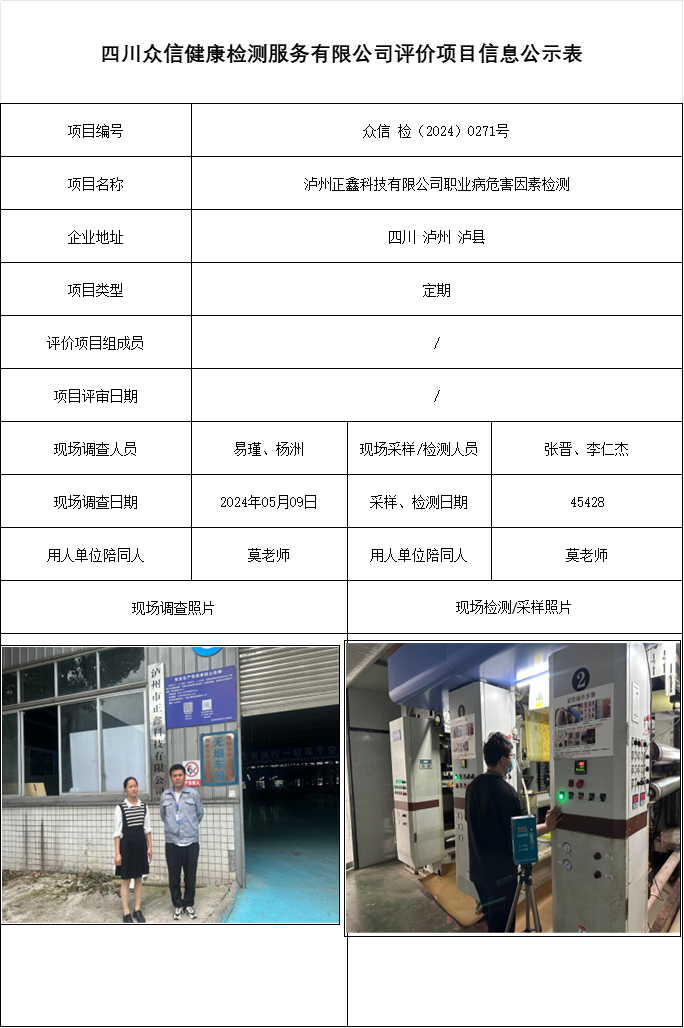 泸州正鑫科技有限公司职业病危害因素检测
