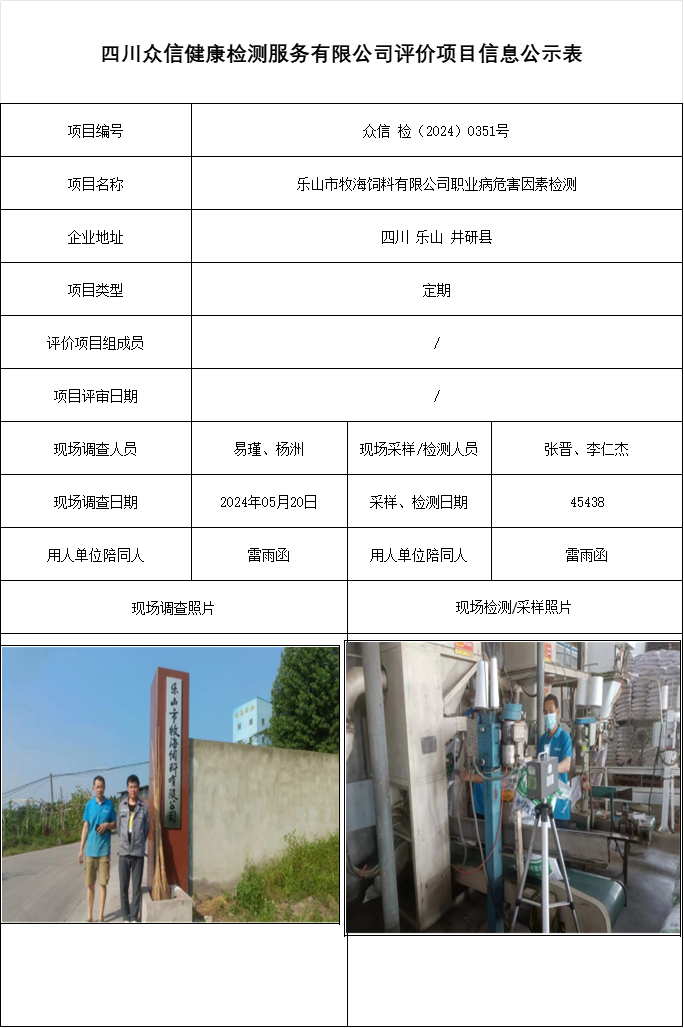 乐山市牧海饲料有限公司职业病危害因素检测