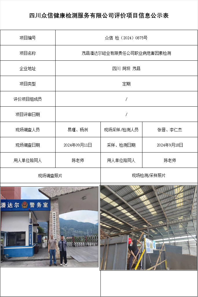 茂县潘达尔硅业有限责任公司职业病危害因素检测