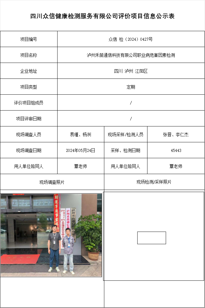 泸州禾苗通信科技有限公司职业病危害因素检测