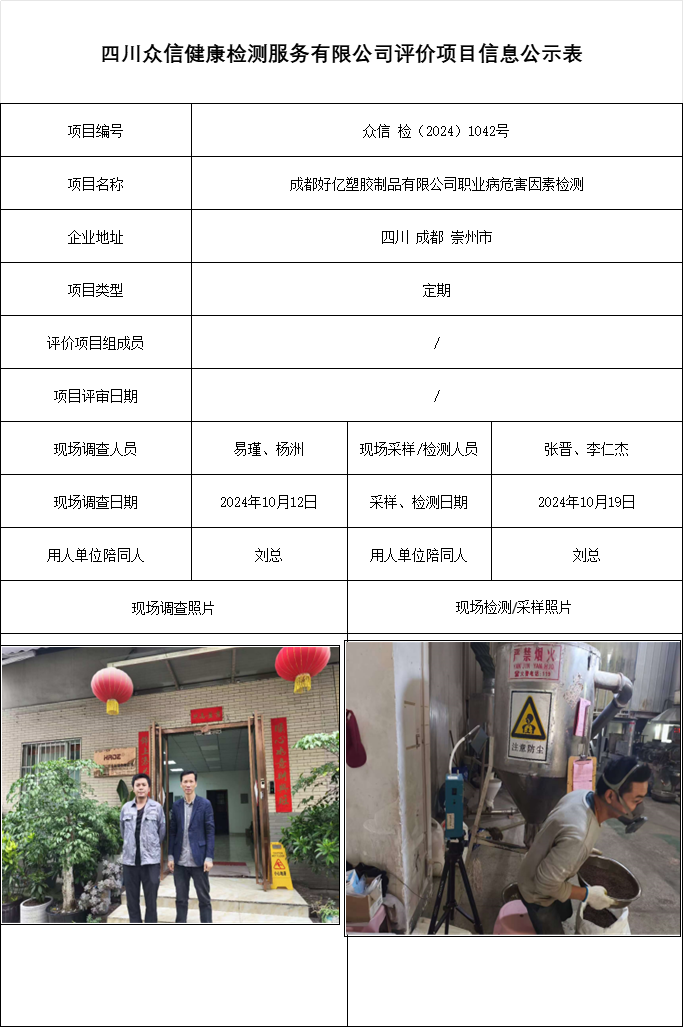 成都好亿塑胶制品有限公司职业病危害因素检测