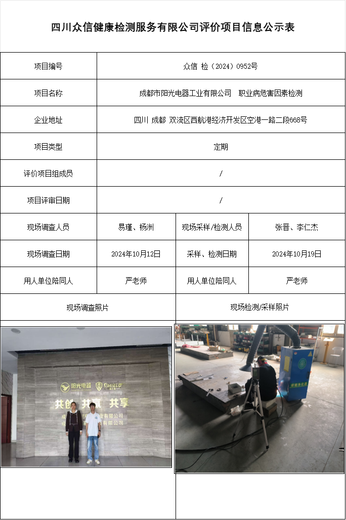 成都市阳光电器工业有限公司  职业病危害因素检测