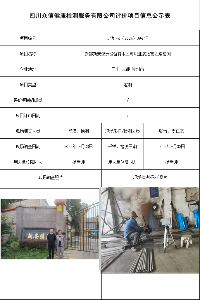 新都新安游乐设备有限公司职业病危害因素检测