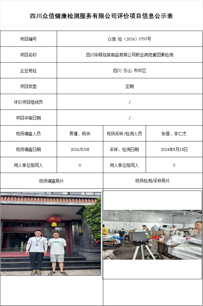 四川华舜包装制品有限公司职业病危害因素检测