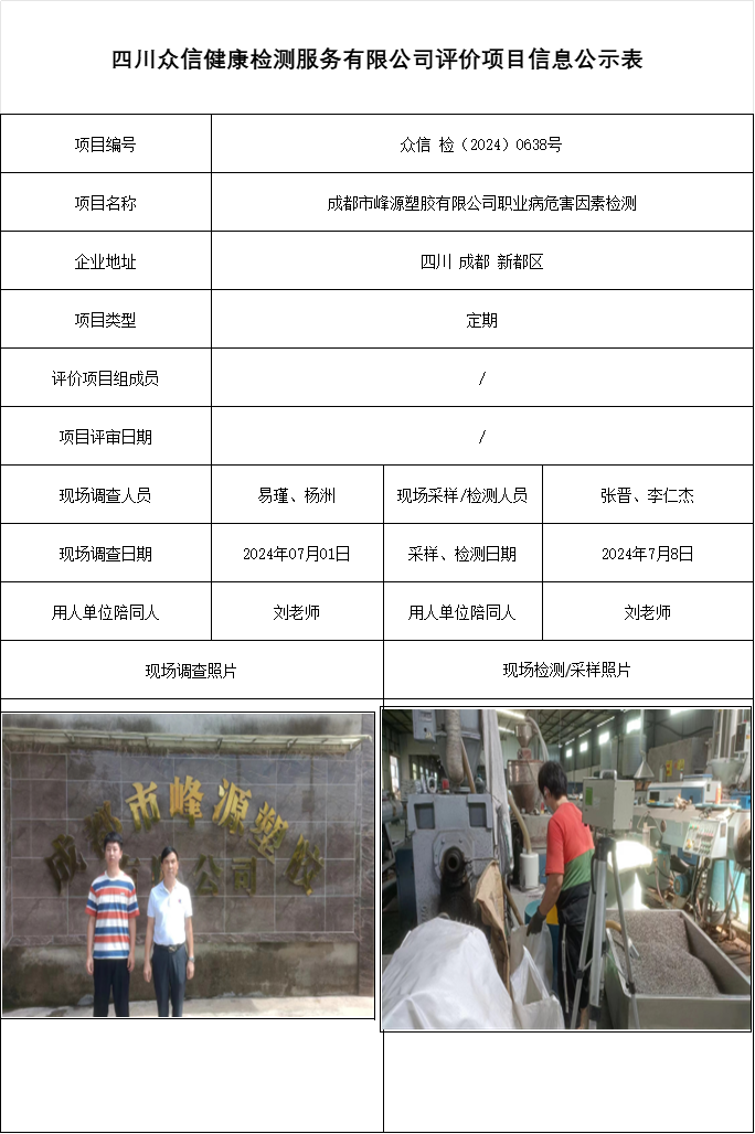 成都市峰源塑胶有限公司职业病危害因素检测