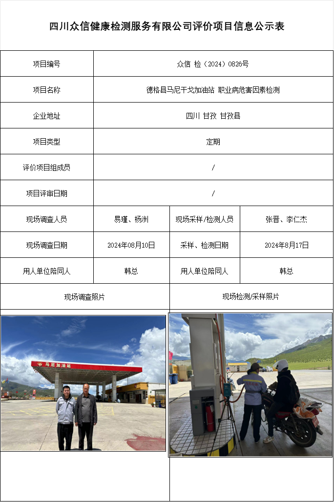德格县马尼干戈加油站 职业病危害因素检测